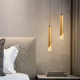 Modern Gold Slender Cylinder LED Pendant Light with 3 Color Dimming for Dining Room Bedroom