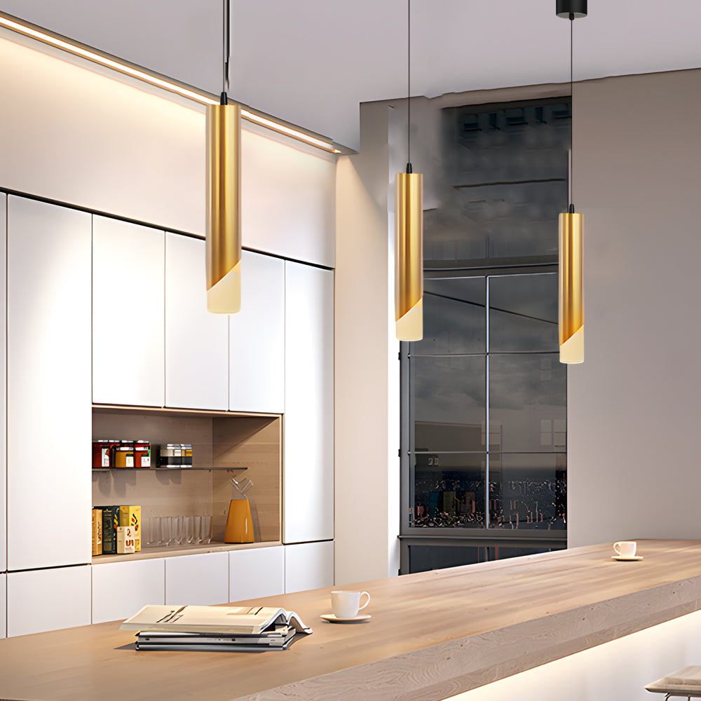 Modern Gold Slender Cylinder LED Pendant Light with 3 Color Dimming for Dining Room Bedroom