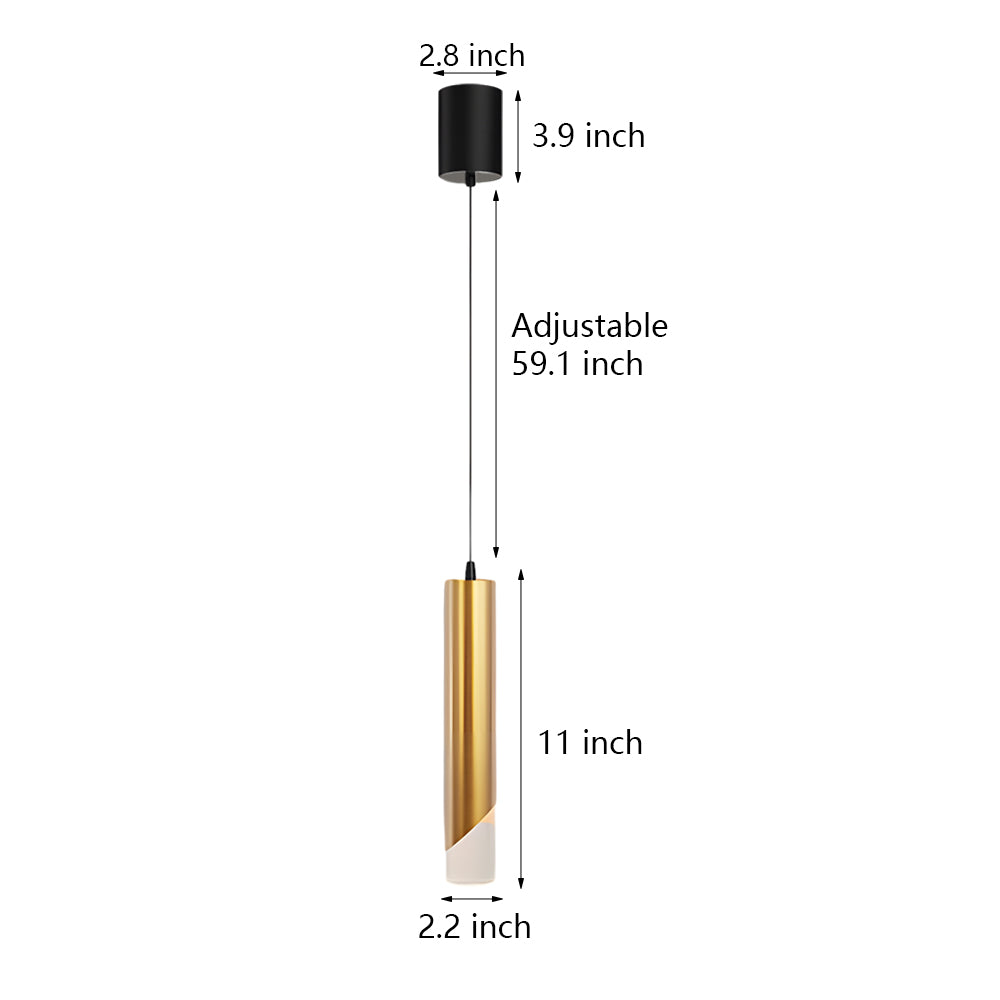 Modern Gold Slender Cylinder LED Pendant Light with 3 Color Dimming for Dining Room Bedroom