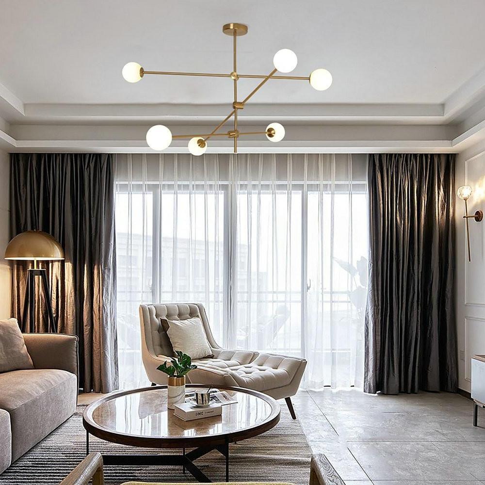 Modern Gold Sputnik Chandelier with 6 Glass Globe Lights Geometrical Pendant Lighting Fixture