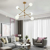 Modern Gold Sputnik Chandelier with 6 Glass Globe Lights Geometrical Pendant Lighting Fixture