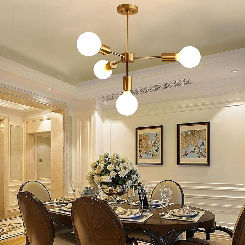 Modern Gold Symmetrical 4 Light Pendant Fixture 27 Inch Iron Chandelier for Living Room