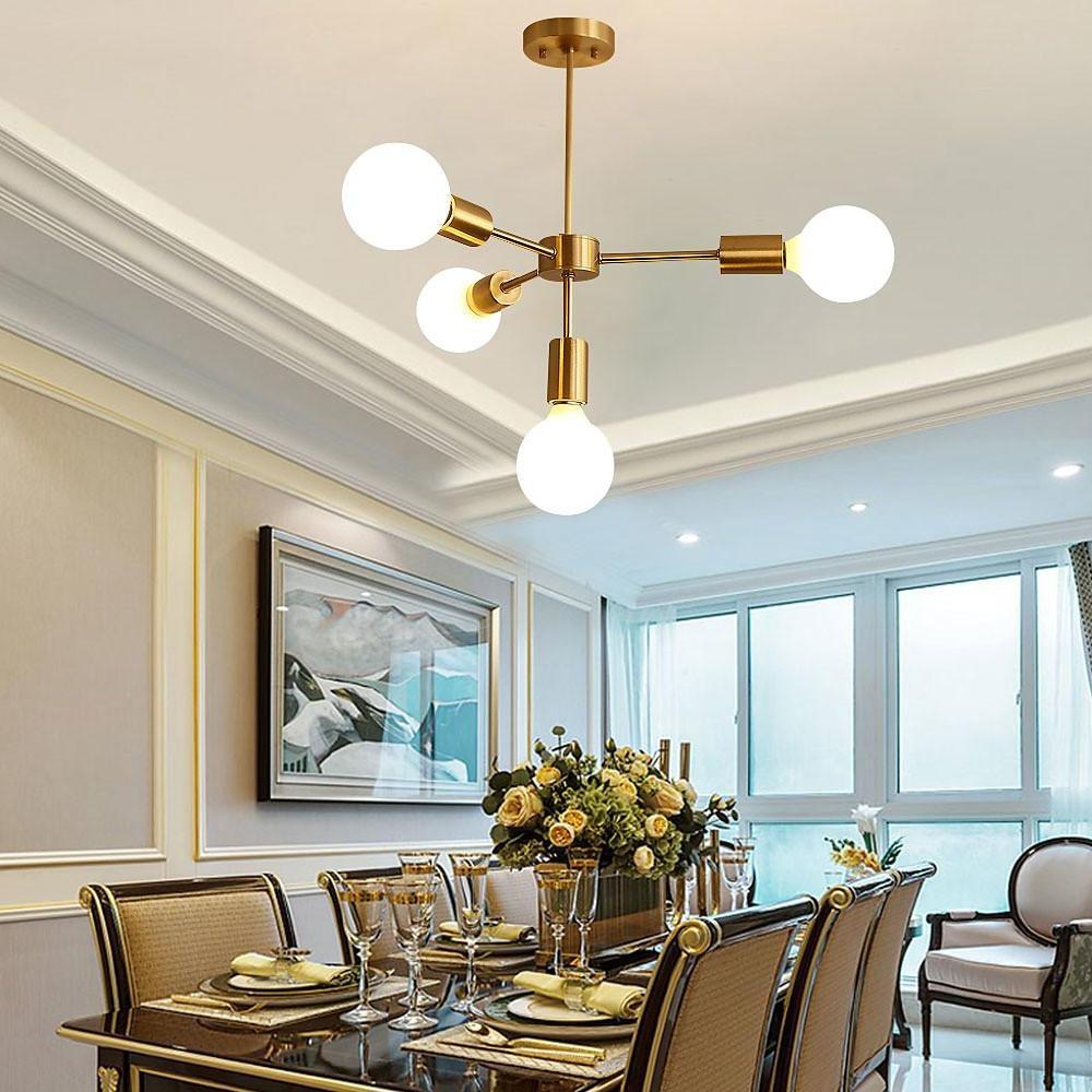Modern Gold Symmetrical 4 Light Pendant Fixture 27 Inch Iron Chandelier for Living Room