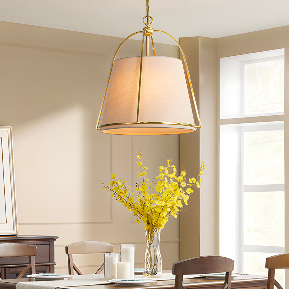 Modern Gold Trapezoid Pendant Light 13.8 Inch Wide with White Fabric Tapered Shade 4 Light Fixture
