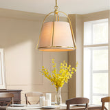 Modern Gold Trapezoid Pendant Light 13.8 Inch Wide with White Fabric Tapered Shade 4 Light Fixture