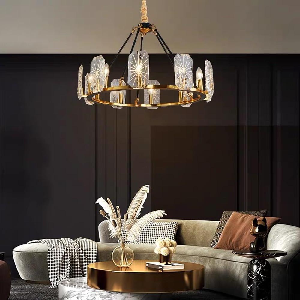 Modern Gold Wagon Wheel Chandelier with Crystal Shades and 8 or 10 Light Options