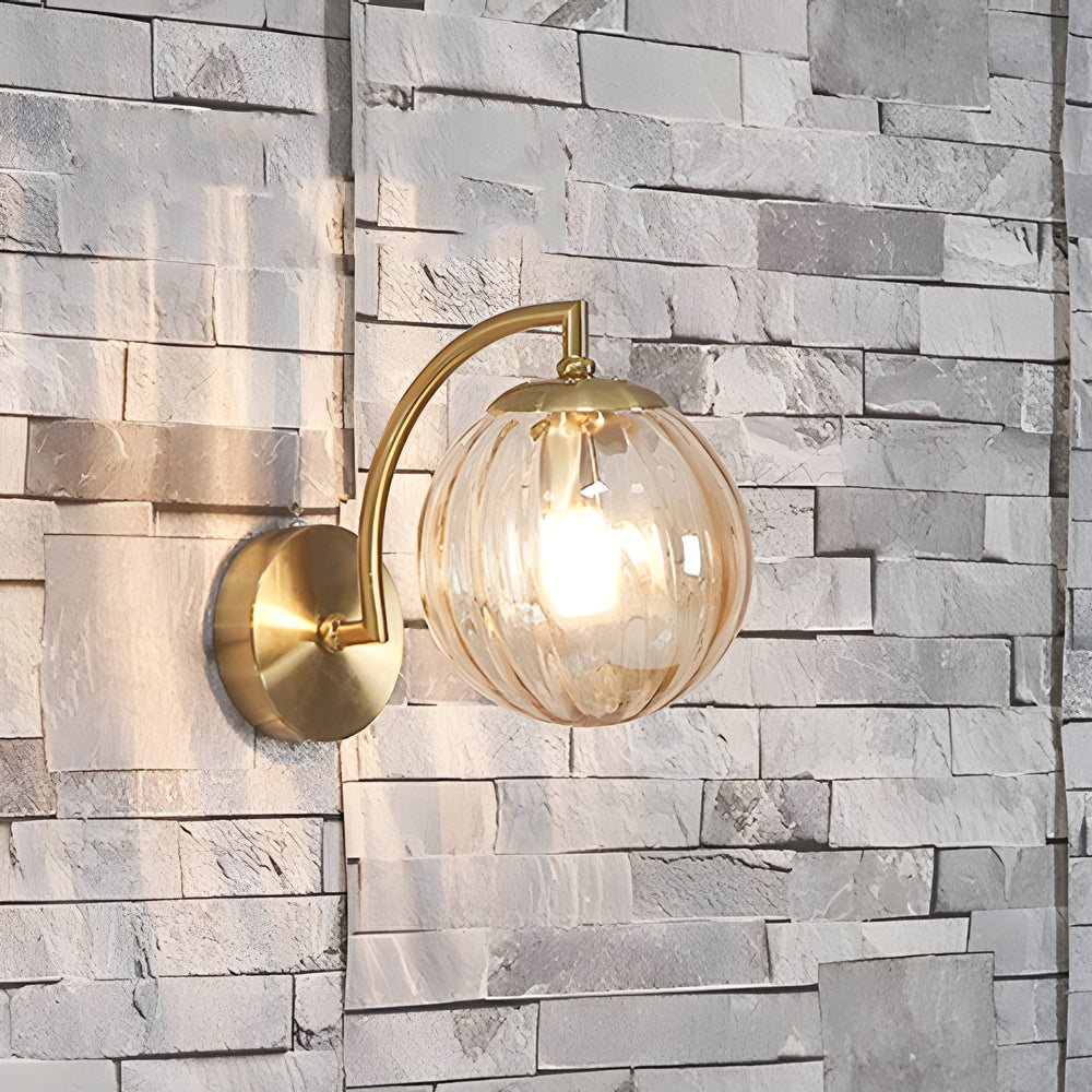 Modern Gold Wall Sconce with Ribbed Glass Globe Shade and Curved Arm Light Fixture
