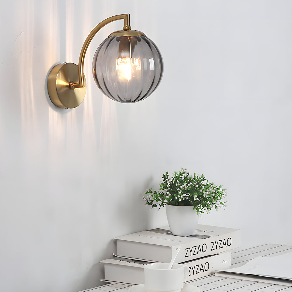 Modern Gold Wall Sconce with Ribbed Glass Globe Shade and Curved Arm Light Fixture
