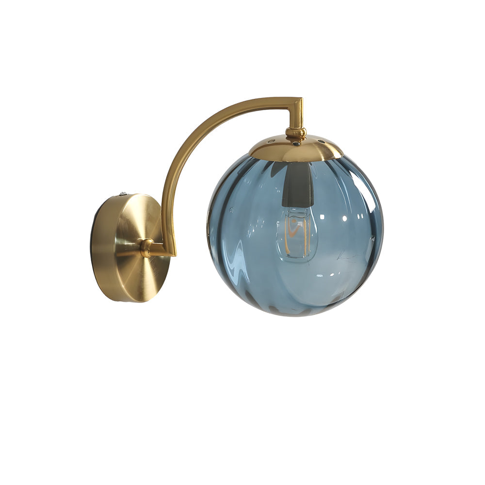 Modern Gold Wall Sconce with Ribbed Glass Globe Shade and Curved Arm Light Fixture