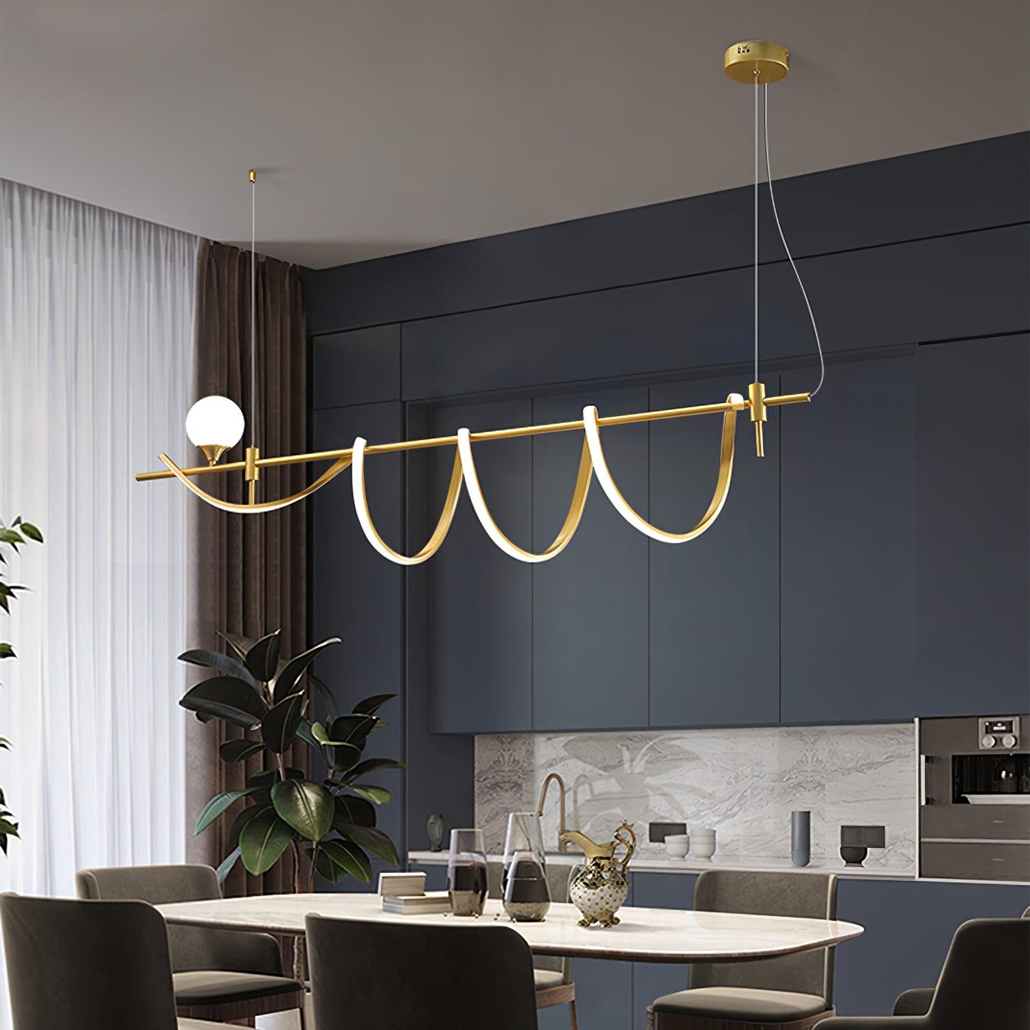 Modern Gold Wave LED Pendant Light Minimalist Linear Chandelier for Dining Room