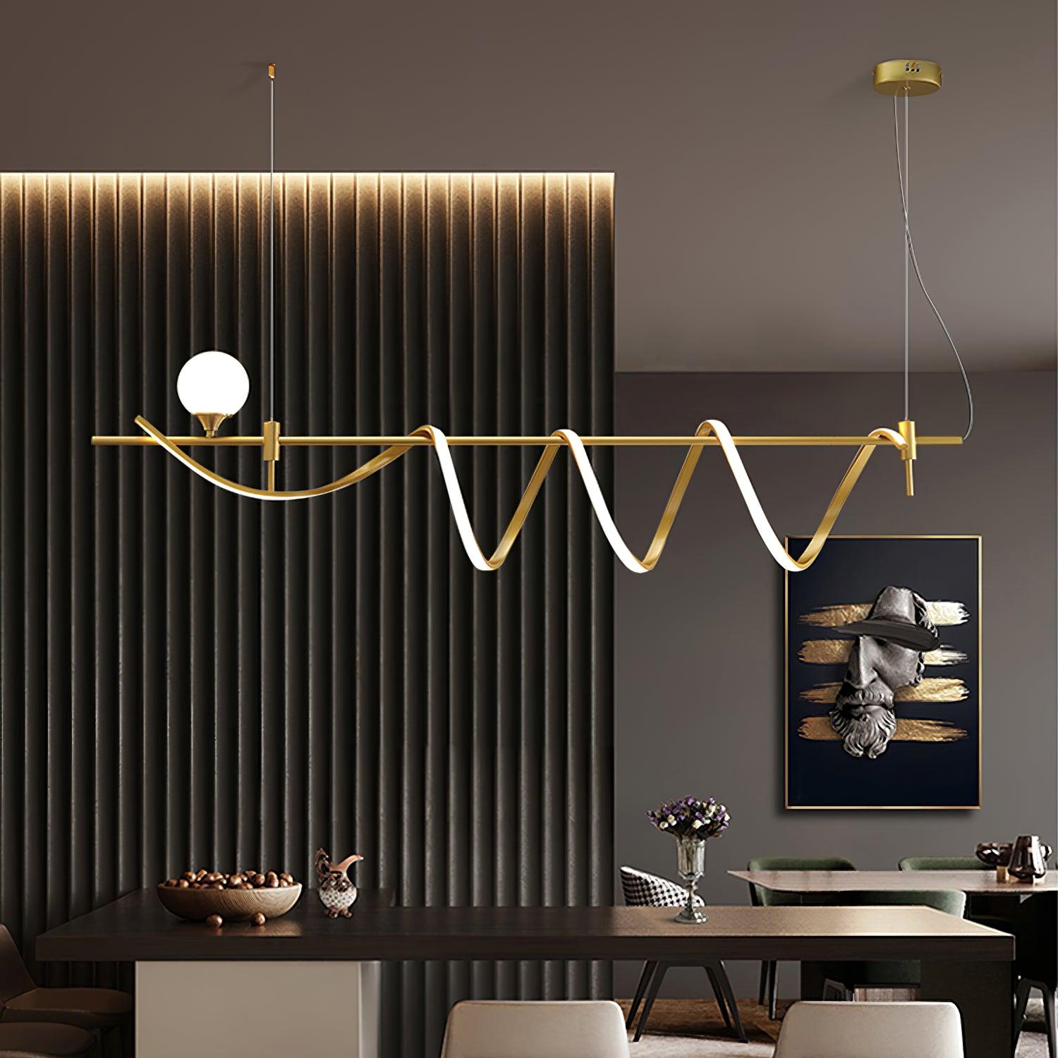Modern Gold Wave LED Pendant Light Minimalist Linear Chandelier for Dining Room