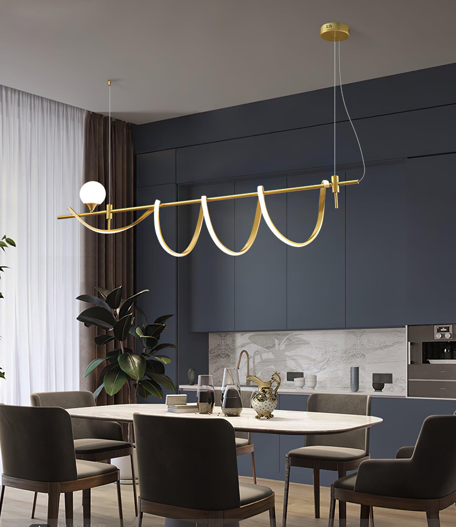 Modern Gold Wave LED Pendant Light Minimalist Linear Chandelier for Dining Room