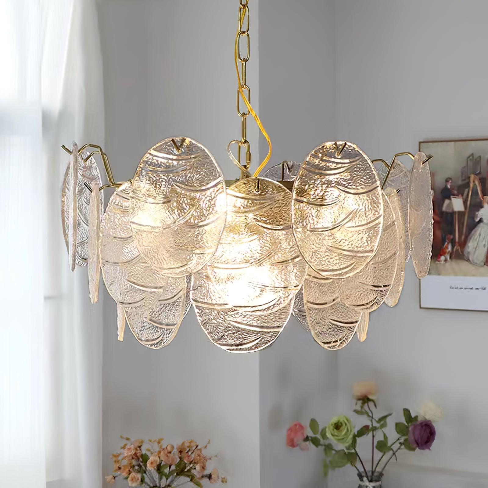 Modern Gold Wavy Glass Disc Chandelier Elegant Semi Flush Mount Ceiling Light