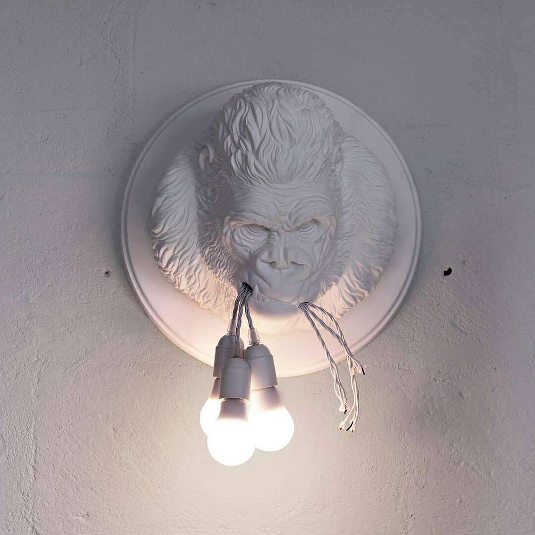 Modern Gorilla Head Wall Sconce Resin Animal Sculpture Three Light Fixture for Indoor Use