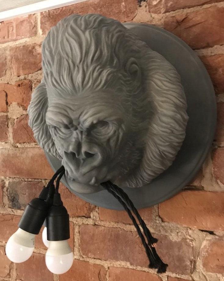 Modern Gorilla Head Wall Sconce Resin Animal Sculpture Three Light Fixture for Indoor Use