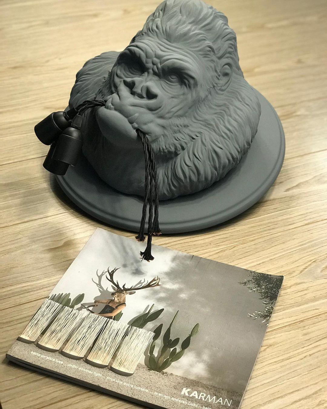 Modern Gorilla Head Wall Sconce Resin Animal Sculpture Three Light Fixture for Indoor Use