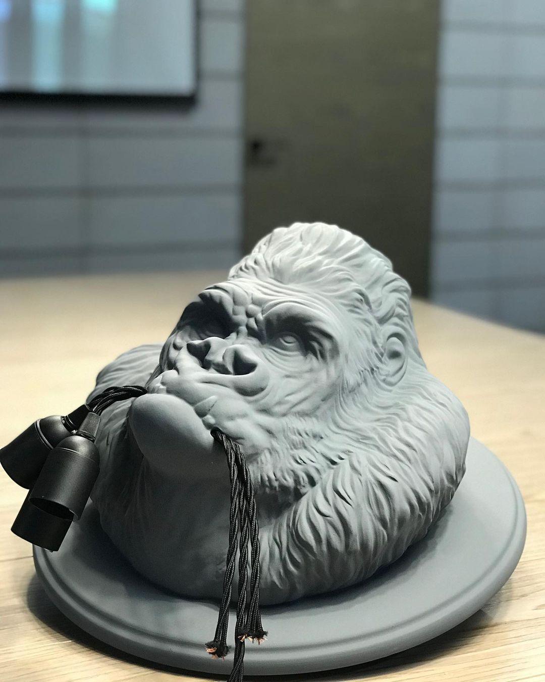 Modern Gorilla Head Wall Sconce Resin Animal Sculpture Three Light Fixture for Indoor Use