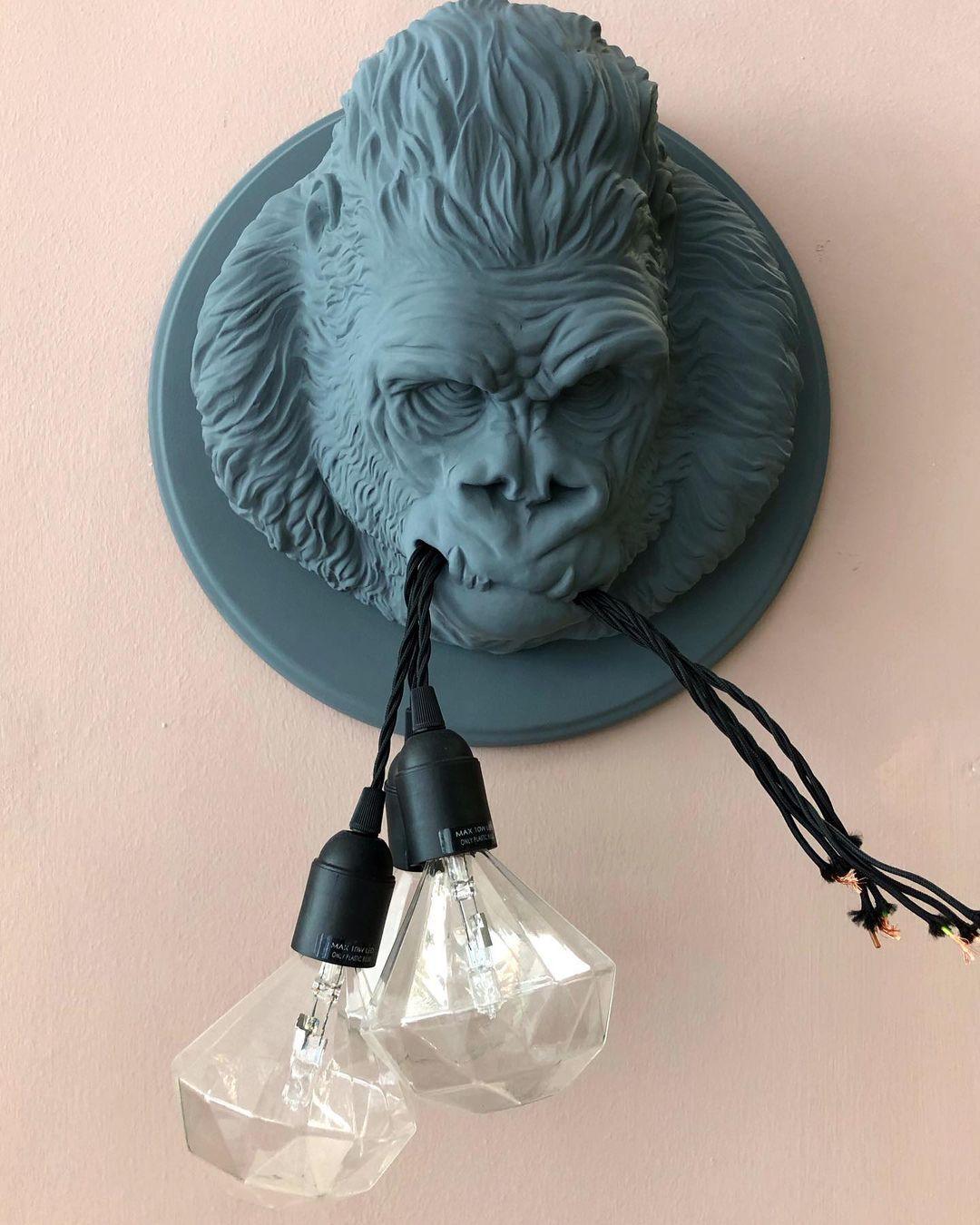 Modern Gorilla Head Wall Sconce Resin Animal Sculpture Three Light Fixture for Indoor Use