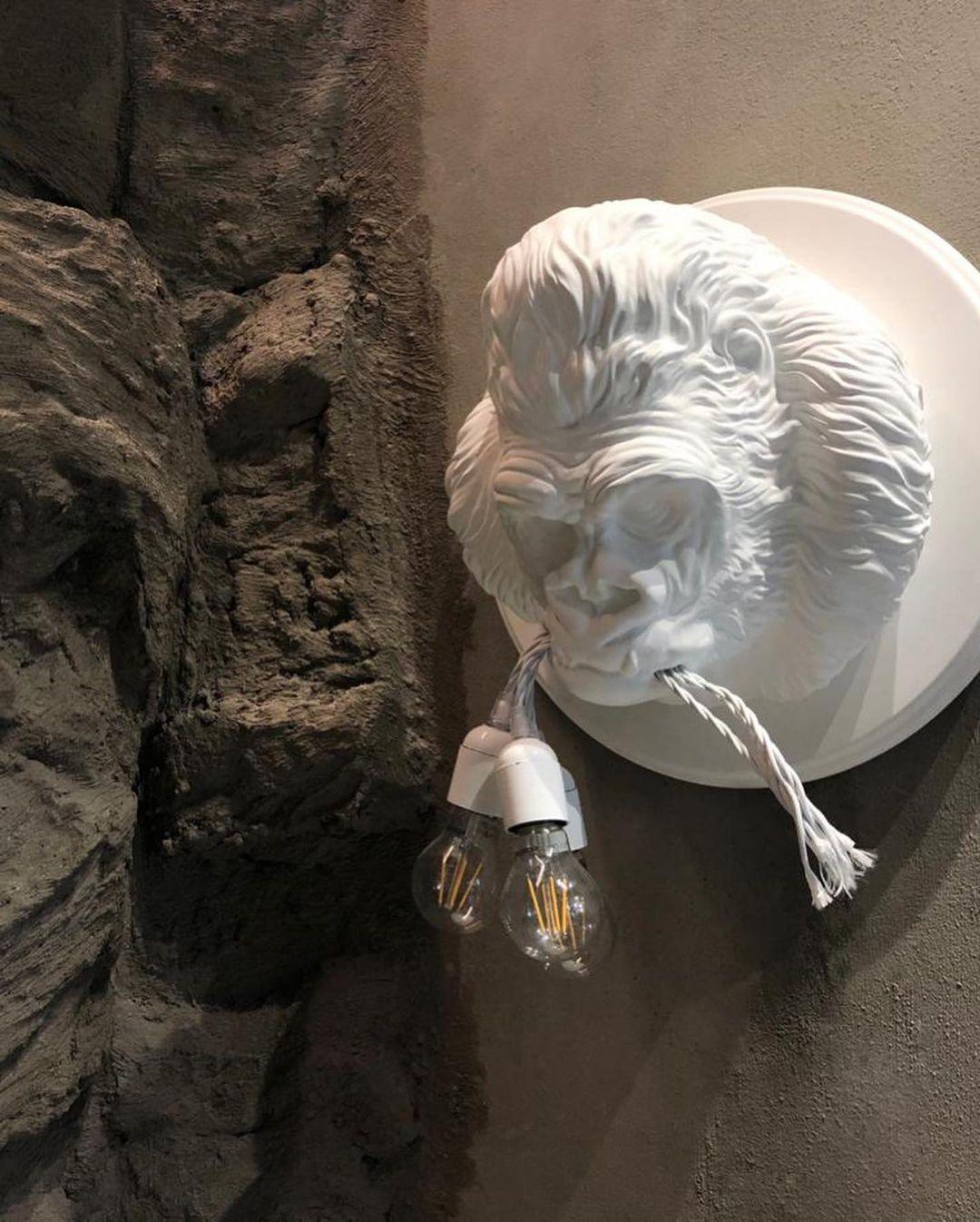 Modern Gorilla Head Wall Sconce Resin Animal Sculpture Three Light Fixture for Indoor Use