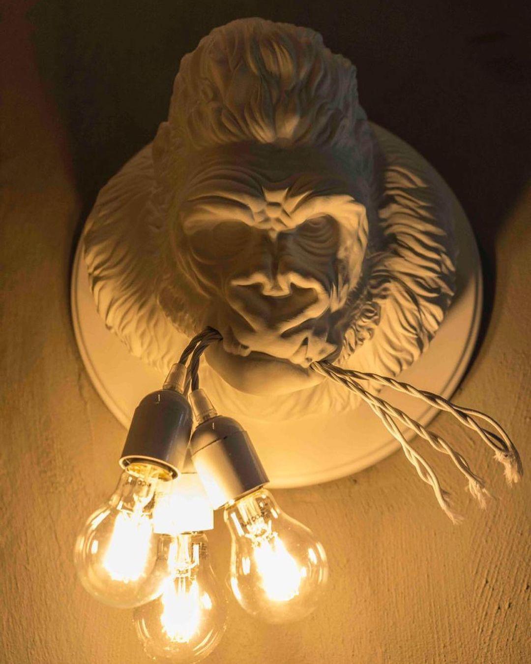 Modern Gorilla Head Wall Sconce Resin Animal Sculpture Three Light Fixture for Indoor Use