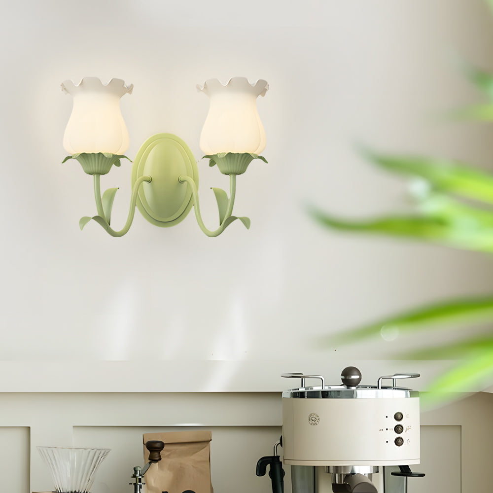 Modern Green Floral Glass Wall Sconce Three Step Dimming Flower Indoor Lamp for Bedroom and Living Room
