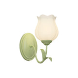 Modern Green Floral Glass Wall Sconce Three Step Dimming Flower Indoor Lamp for Bedroom and Living Room