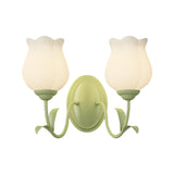 Modern Green Floral Glass Wall Sconce Three Step Dimming Flower Indoor Lamp for Bedroom and Living Room