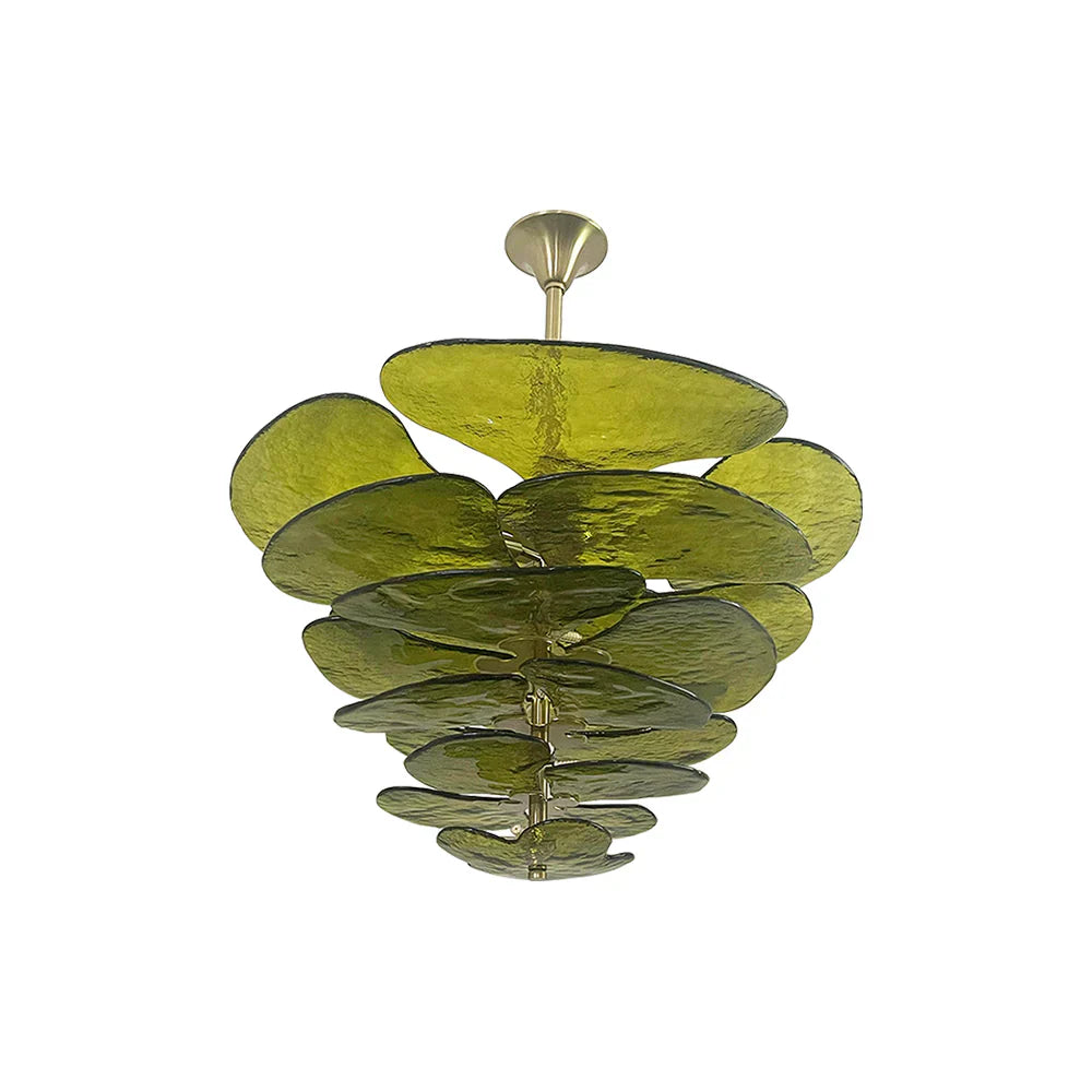 modern-green-textured-glass-leaf-chandelier-with-brass-finish-luxury-lilypad-petal-pendant-light