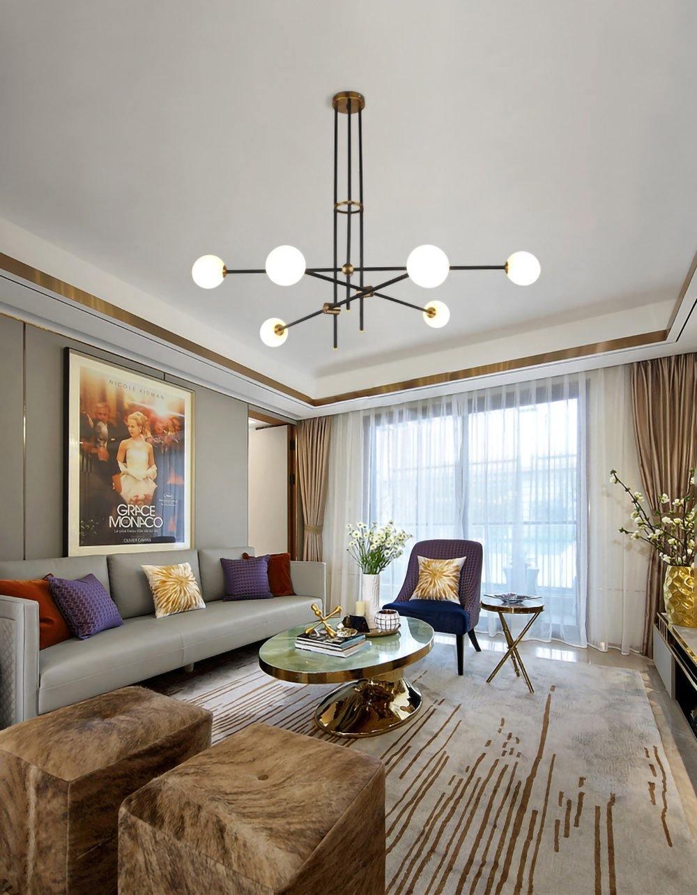 Modern Hand Blown Glass Globe Chandelier with Brass Rods Nordic Multi Head Ceiling Light
