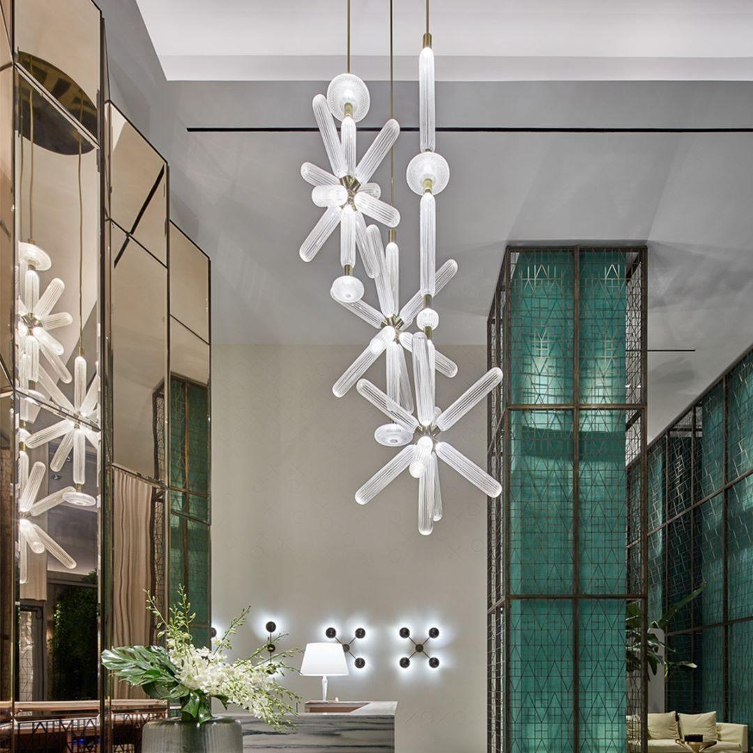 Modern Hand Blown Glass Linear Pendant Light with Champagne Gold Finish LED Droplight