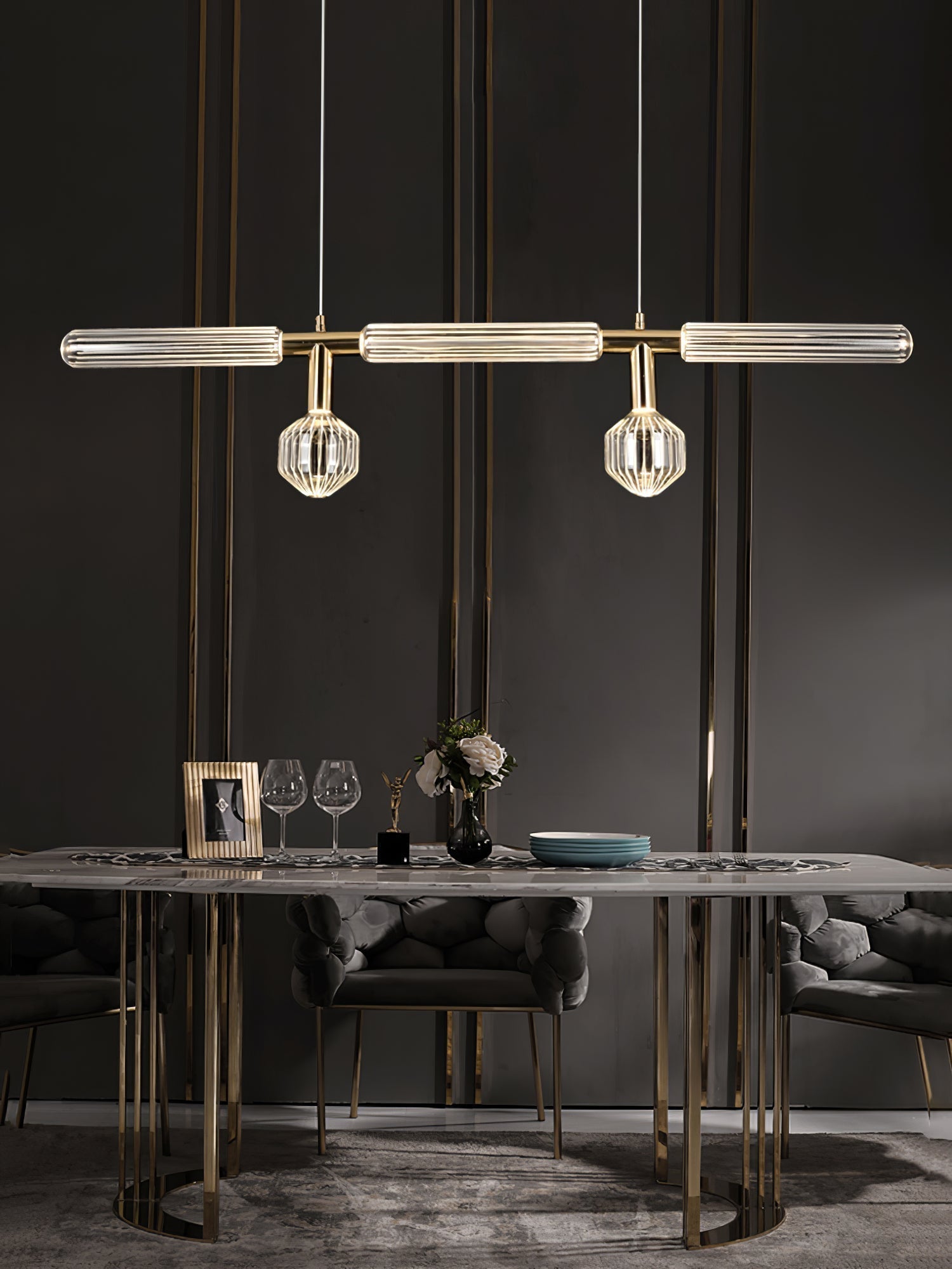 Modern Hand Blown Glass Linear Pendant Light with Champagne Gold Finish LED Droplight