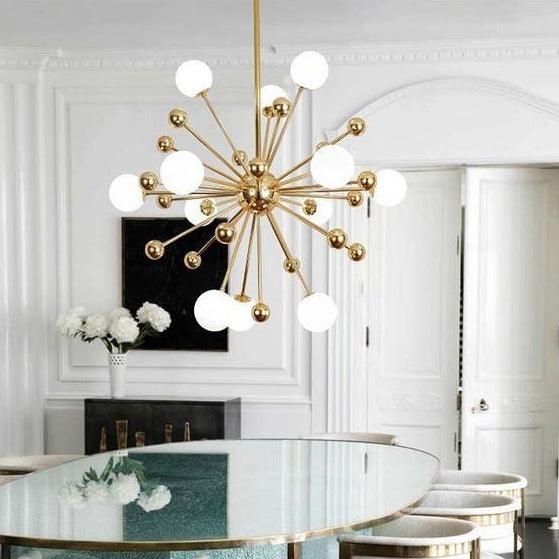Modern Hand Blown Glass Sphere Pendant Light with Elegant Brass Gold Structure
