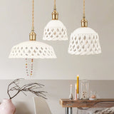 Modern Hand Carved White Ceramic Pendant Lamp with Adjustable Hanging Cord and Brass Finish