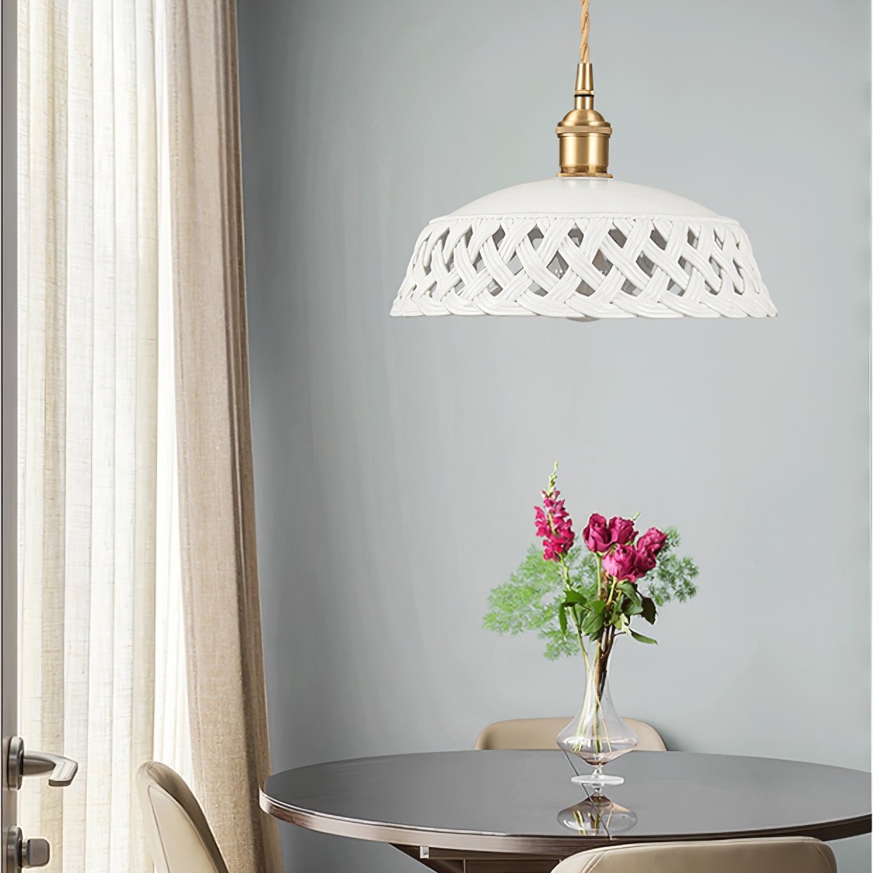 Modern Hand Carved White Ceramic Pendant Lamp with Adjustable Hanging Cord and Brass Finish
