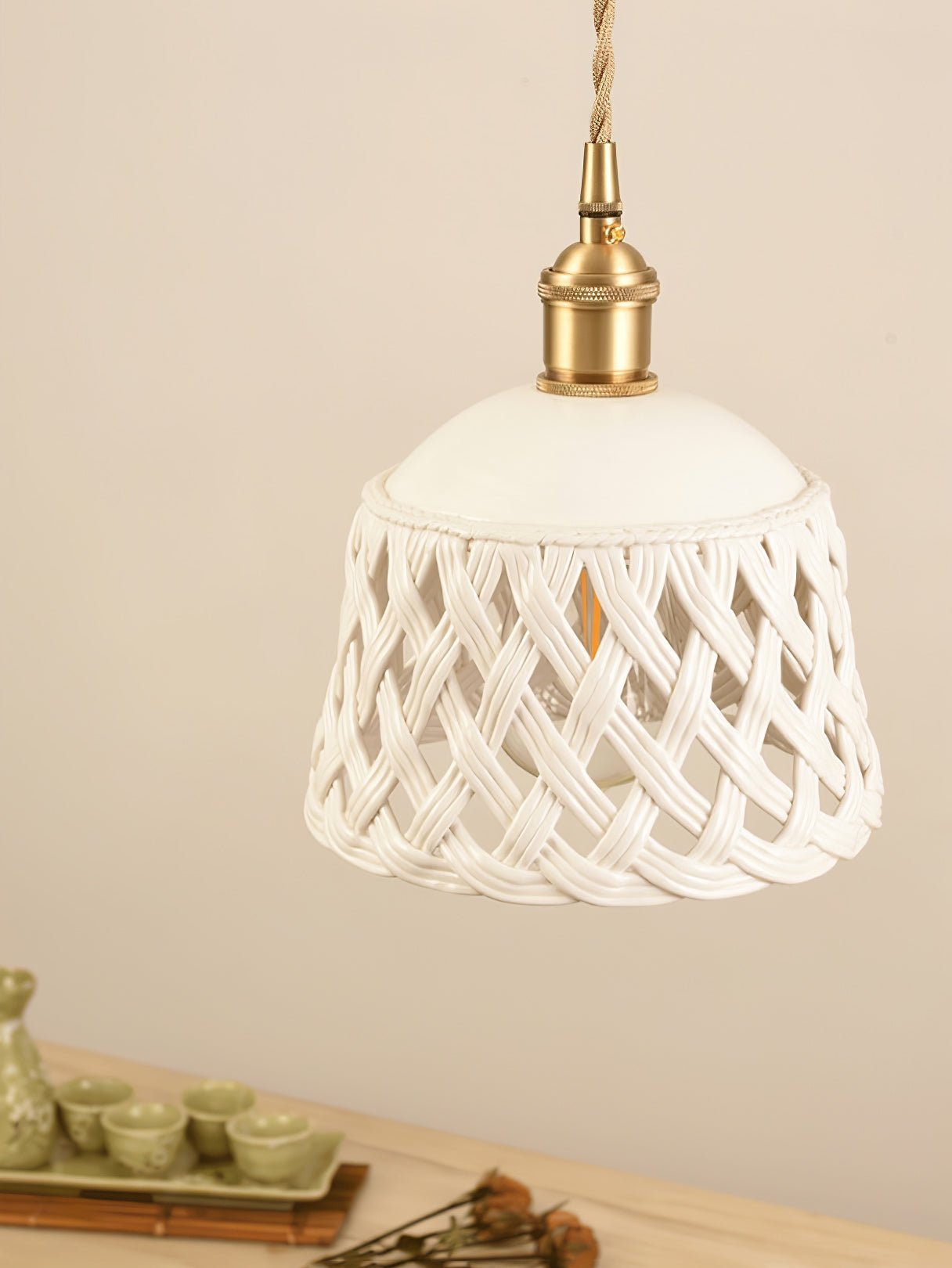 Modern Hand Carved White Ceramic Pendant Lamp with Adjustable Hanging Cord and Brass Finish