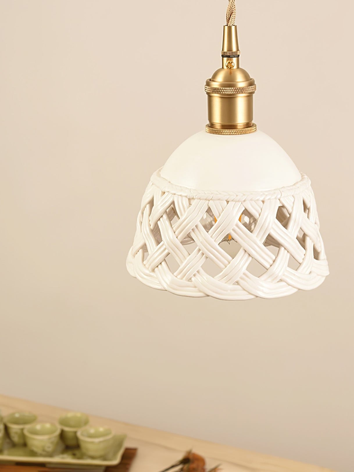 Modern Hand Carved White Ceramic Pendant Lamp with Adjustable Hanging Cord and Brass Finish