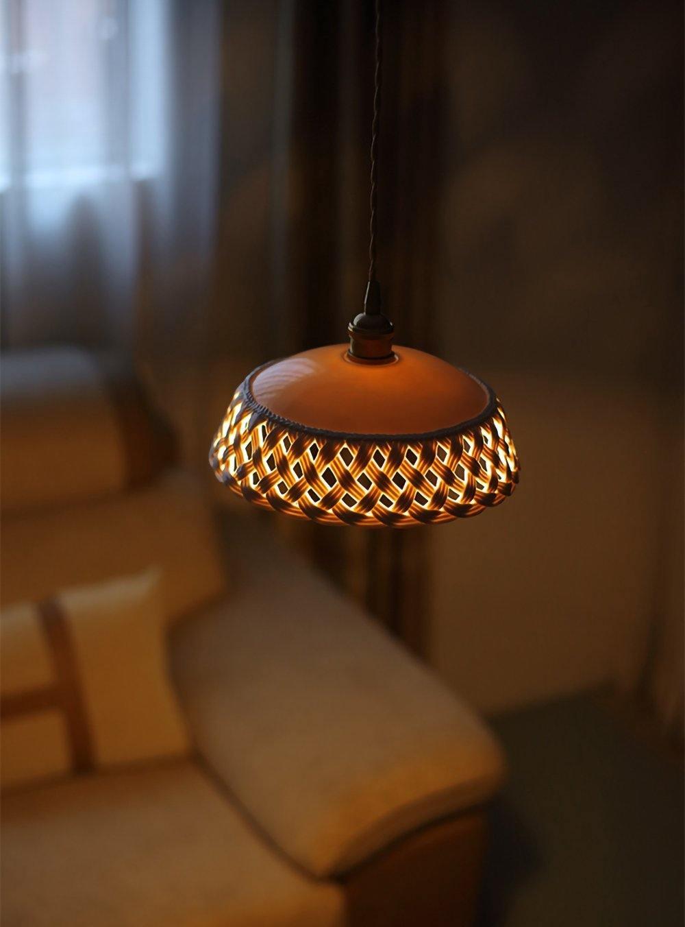 Modern Hand Carved White Ceramic Pendant Lamp with Adjustable Hanging Cord and Brass Finish