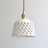 Modern Hand Carved White Ceramic Pendant Lamp with Adjustable Hanging Cord and Brass Finish