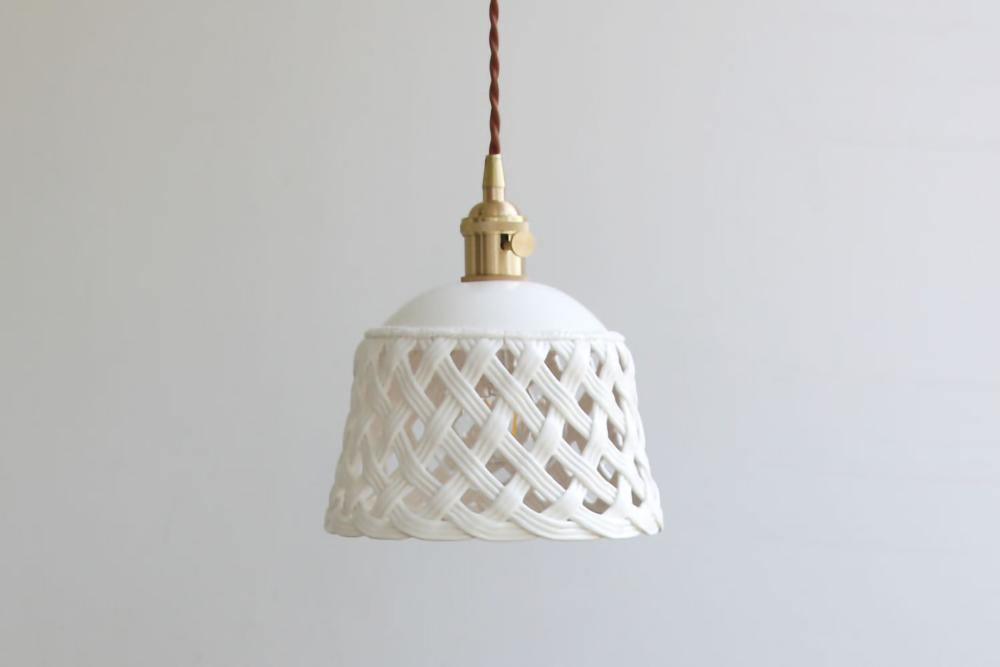 Modern Hand Carved White Ceramic Pendant Lamp with Adjustable Hanging Cord and Brass Finish