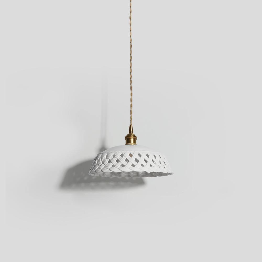 Modern Hand Carved White Ceramic Pendant Lamp with Adjustable Hanging Cord and Brass Finish