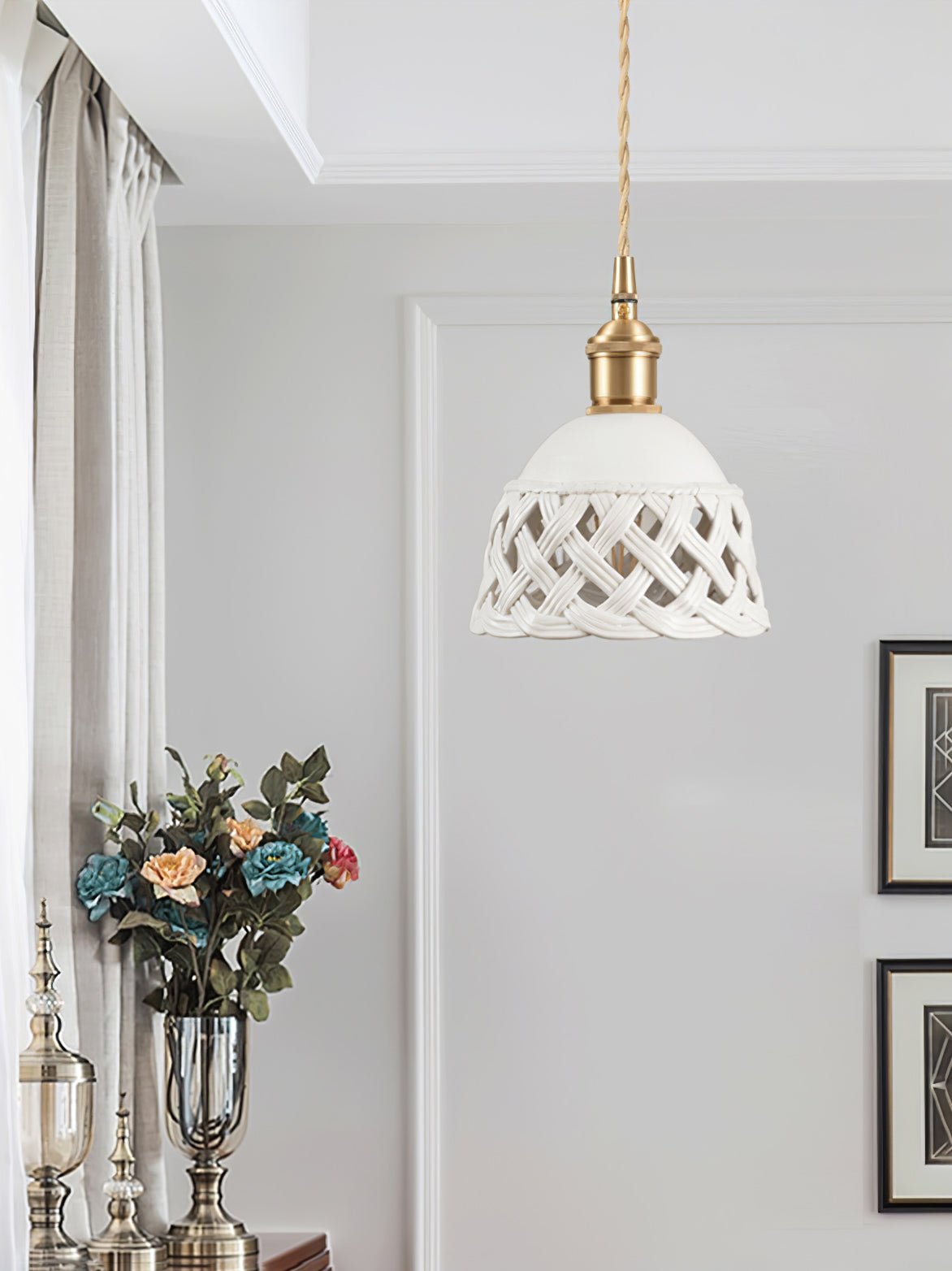 Modern Hand Carved White Ceramic Pendant Lamp with Adjustable Hanging Cord and Brass Finish