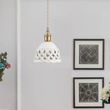 Modern Hand Carved White Ceramic Pendant Lamp with Adjustable Hanging Cord and Brass Finish