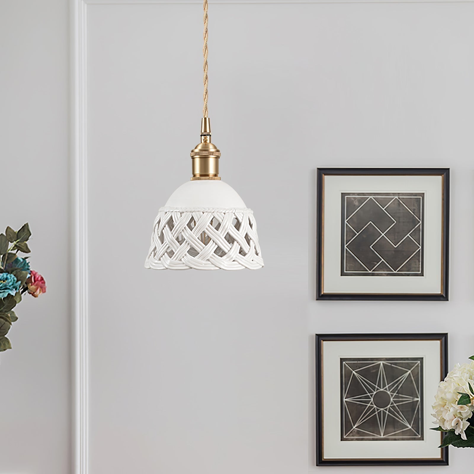 Modern Hand Carved White Ceramic Pendant Lamp with Adjustable Hanging Cord and Brass Finish