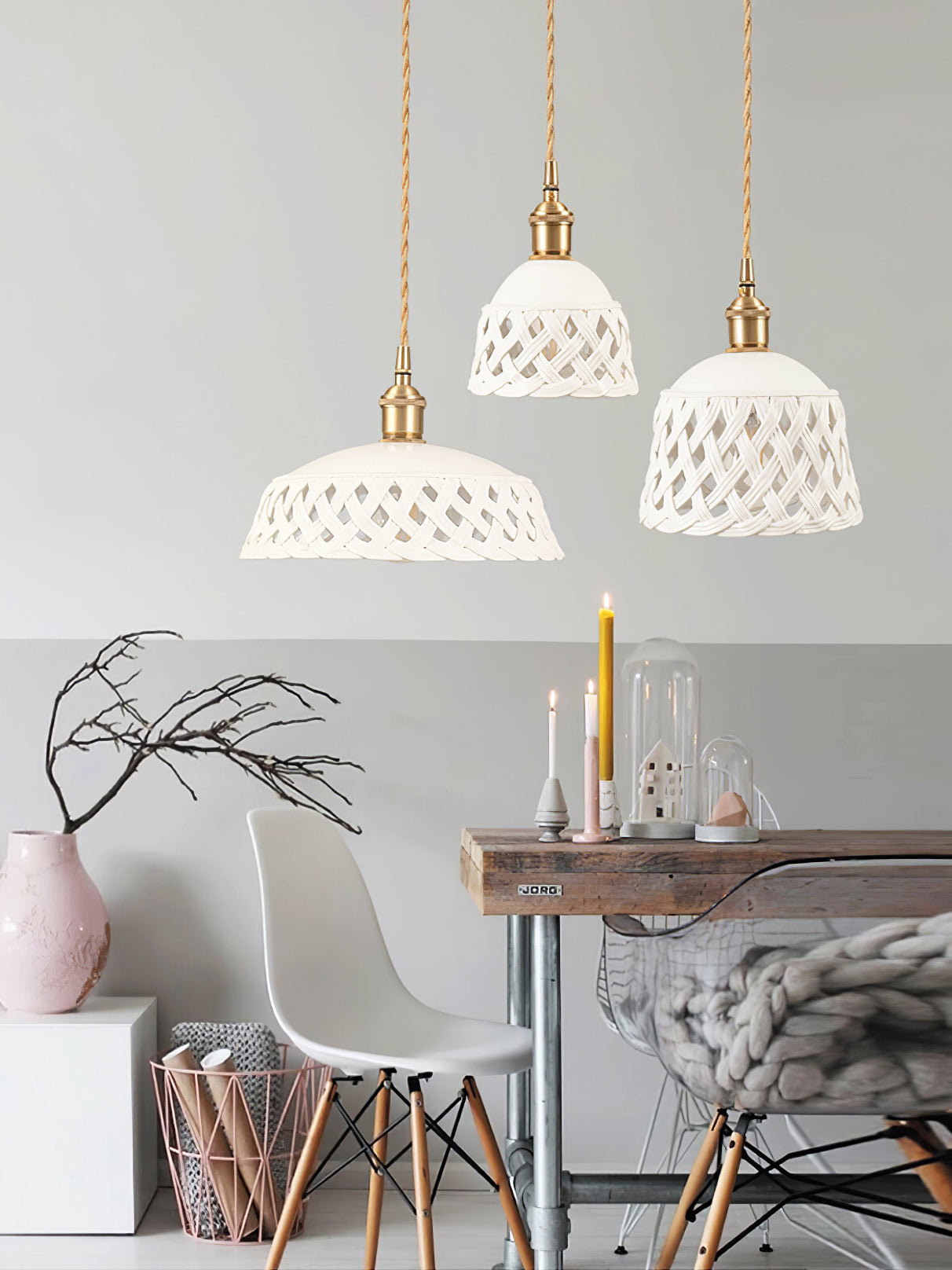 Modern Hand Carved White Ceramic Pendant Lamp with Adjustable Hanging Cord and Brass Finish