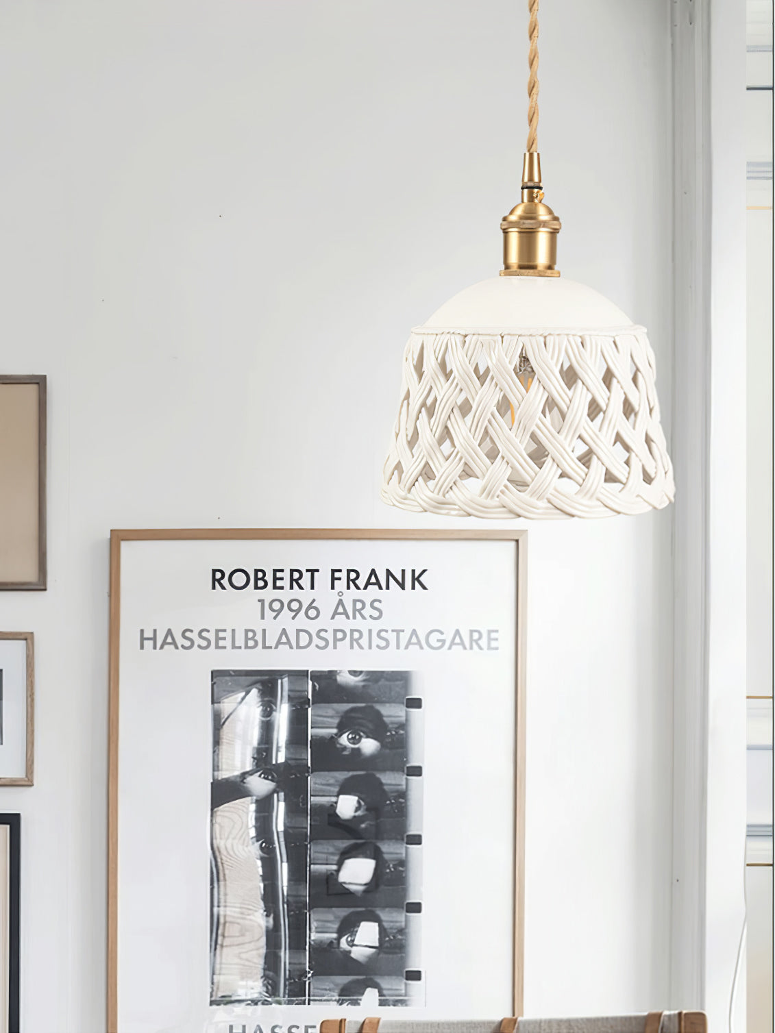 Modern Hand Carved White Ceramic Pendant Lamp with Adjustable Hanging Cord and Brass Finish