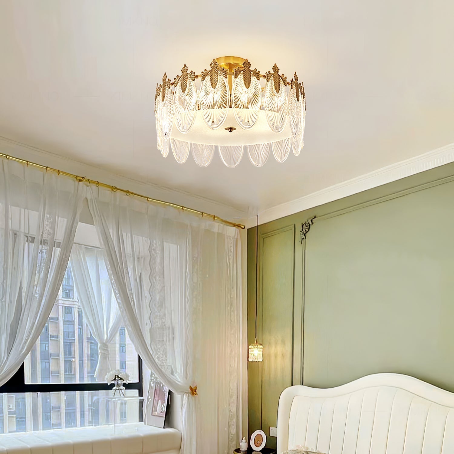 Modern Hand Formed Pattern Glass Petal Chandelier with Copper Finish for Living and Dining Rooms