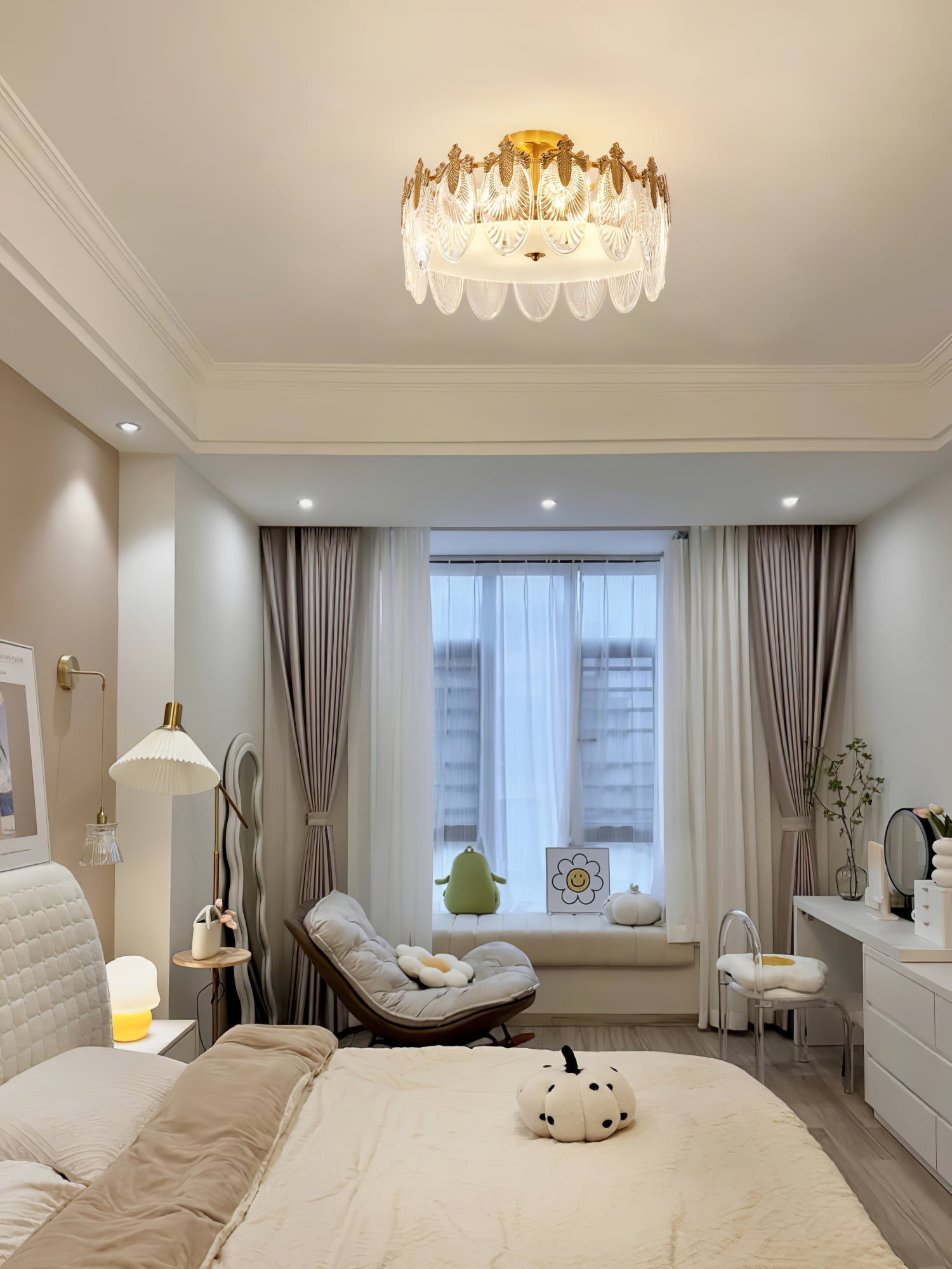Modern Hand Formed Pattern Glass Petal Chandelier with Copper Finish for Living and Dining Rooms