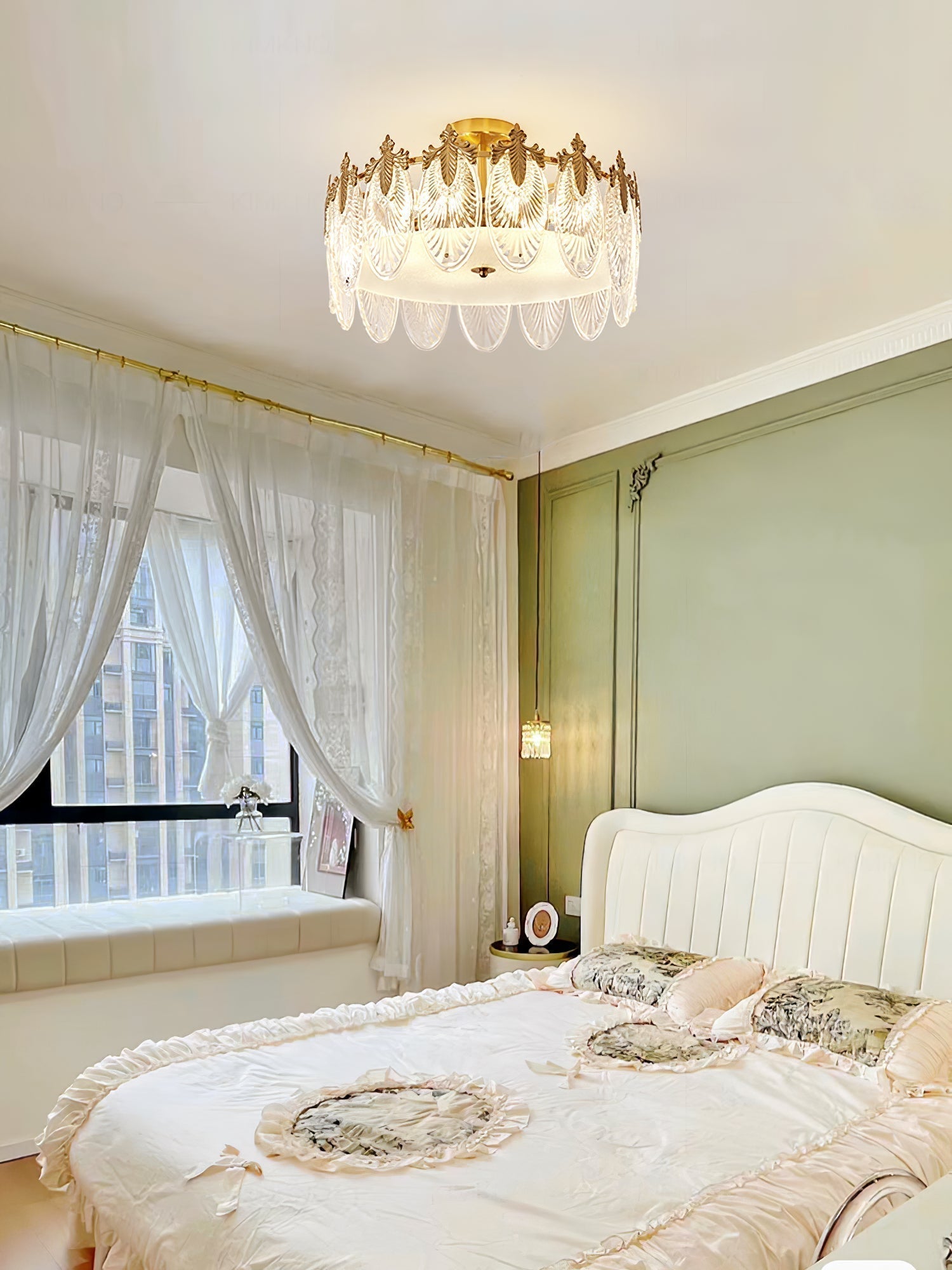 Modern Hand Formed Pattern Glass Petal Chandelier with Copper Finish for Living and Dining Rooms