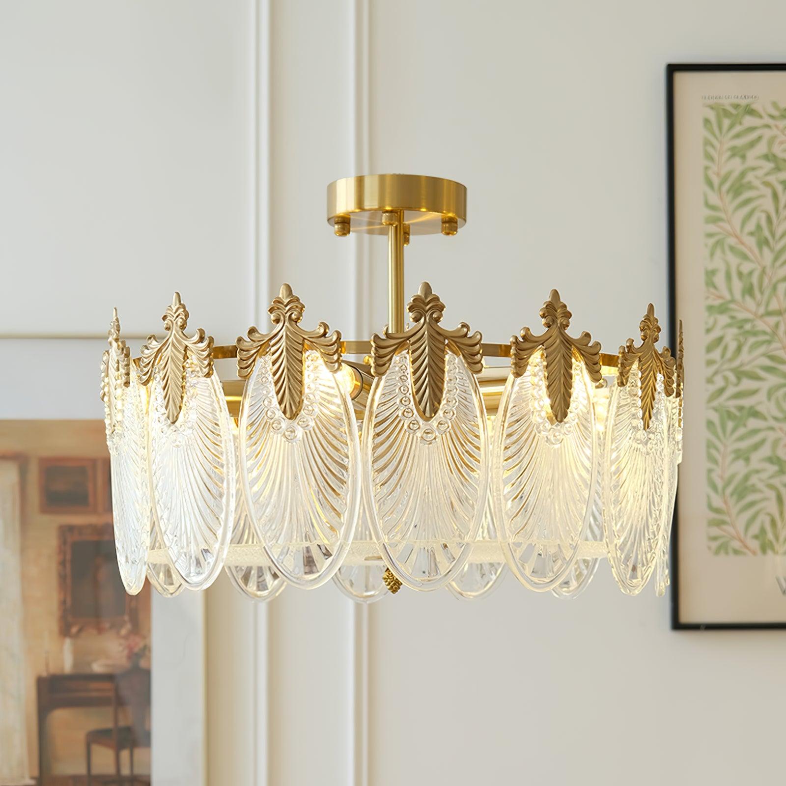 Modern Hand Formed Pattern Glass Petal Chandelier with Copper Finish for Living and Dining Rooms