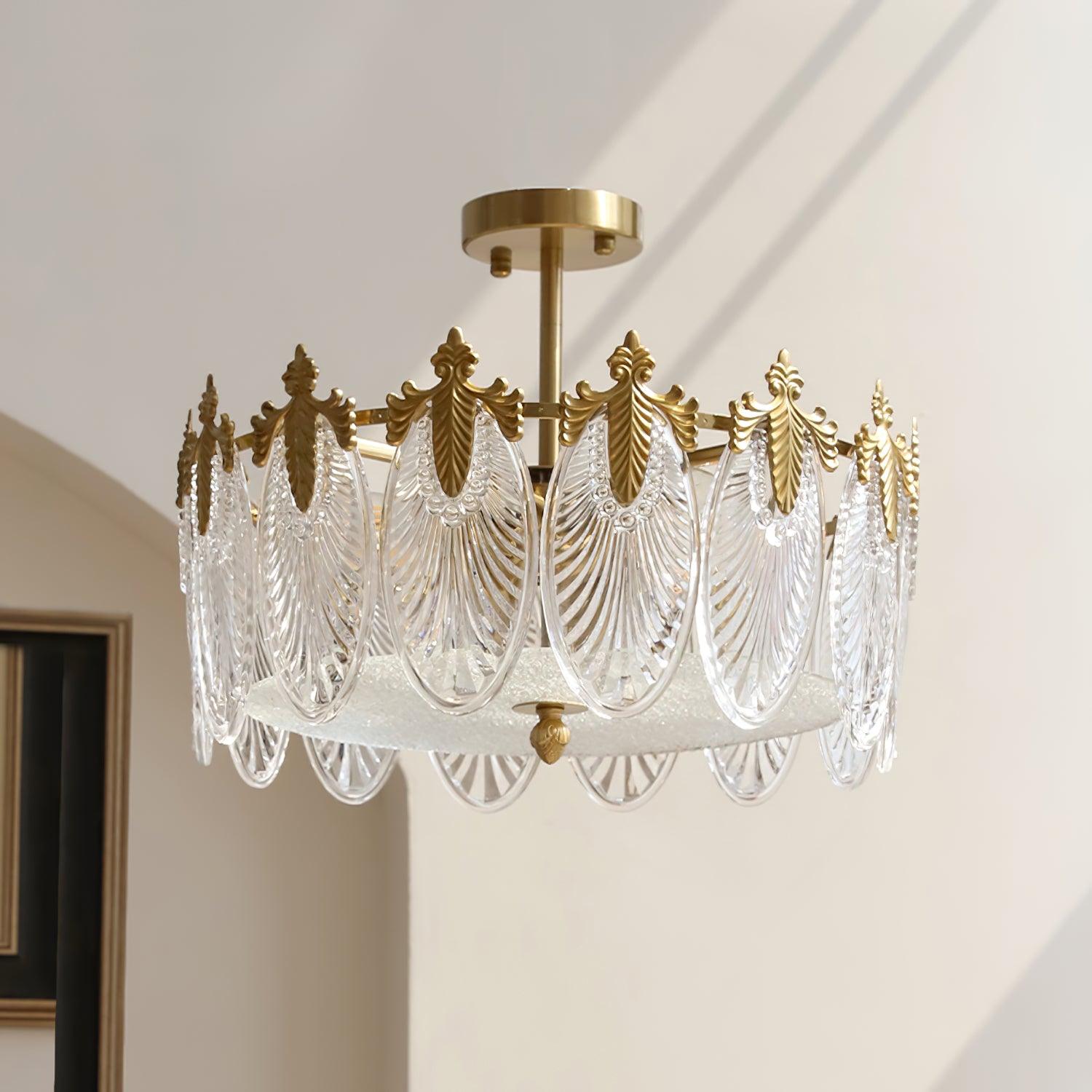 Modern Hand Formed Pattern Glass Petal Chandelier with Copper Finish for Living and Dining Rooms